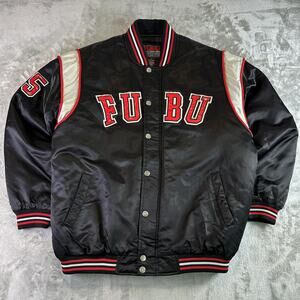 FUBU Varsity Bomber Jacket Large Black Red 90s Style Nylon Puff Coat Read